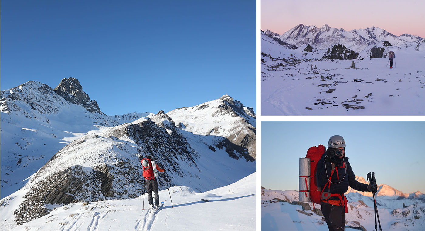 Ciel rose au col du longet une vue magnifique sur le mont Viso, Côme à les skis sur le dos