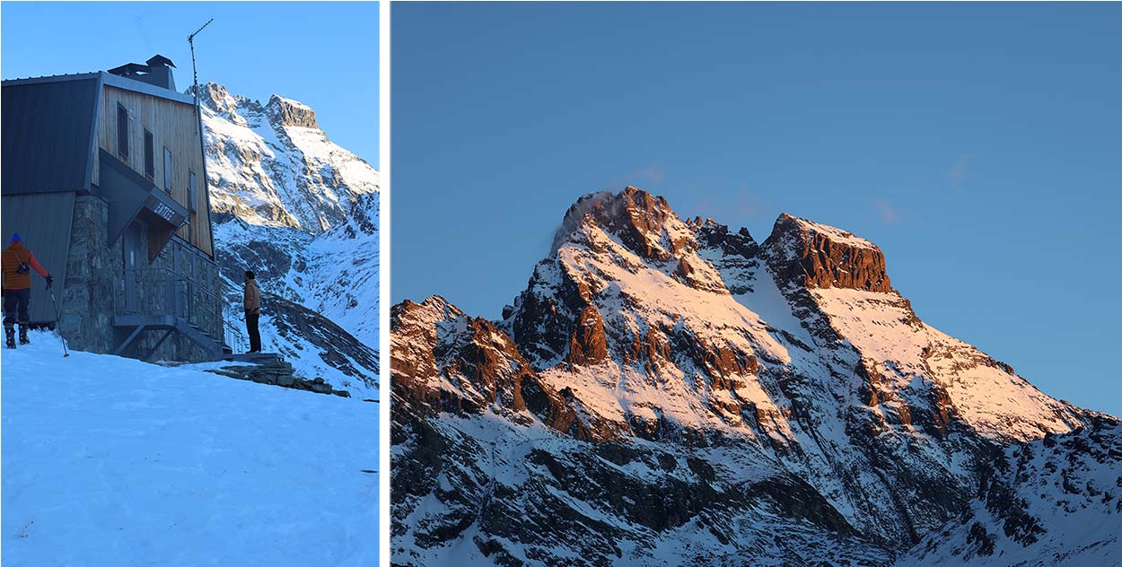 Refuge d'hiver du mon viso et le sommet du mont viso avec un ciel rose