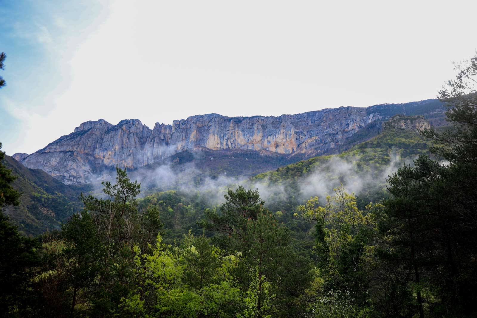 Le Vercors Est-Ouest en Vélo Grimpe Falaise grise du vercors dans un décors verdoyant proche