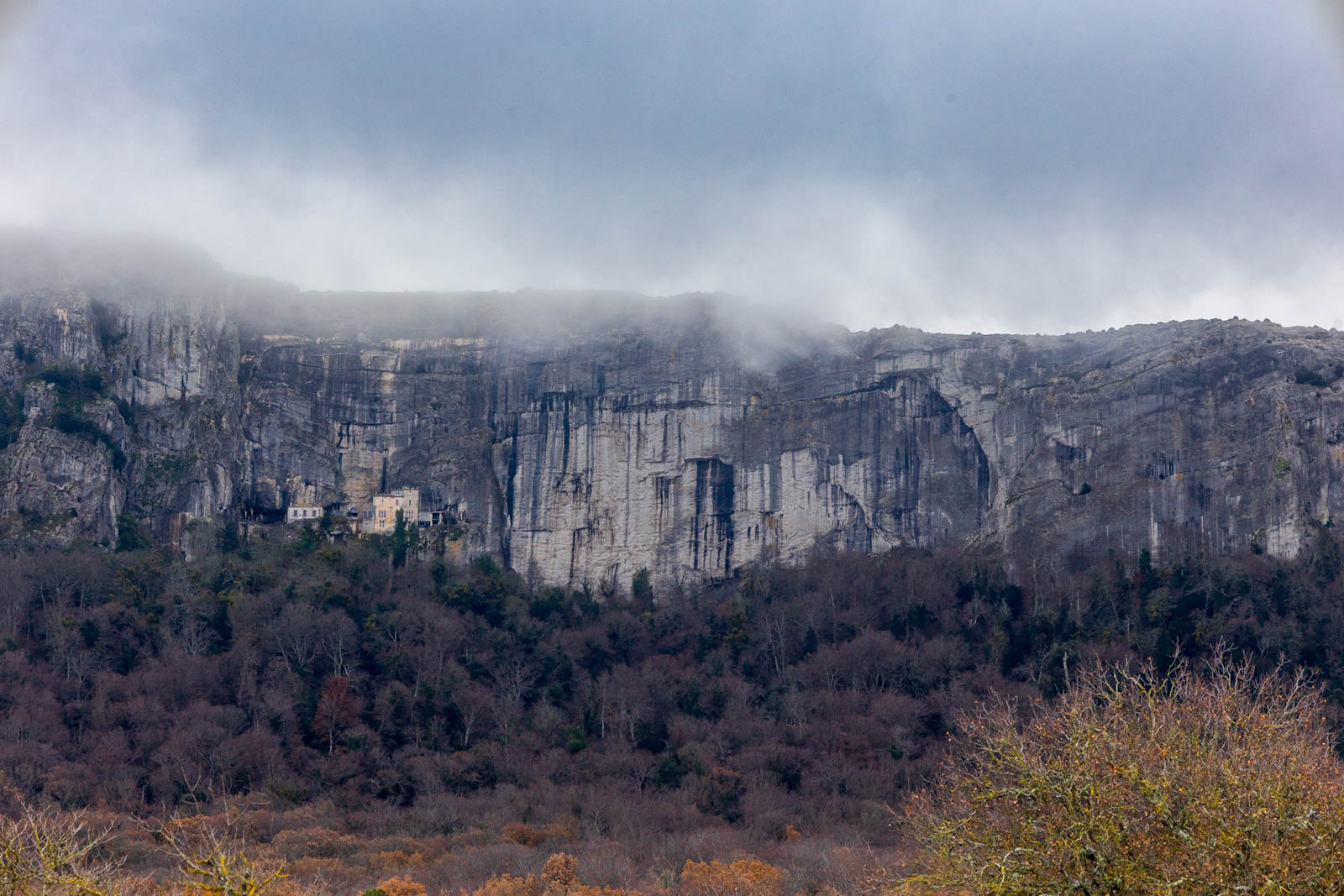 Le sanctuaire de la sainte Baume, à flanc de cette falaise calcaire au dessus de la hetraie, fôret primaire, bois sacré